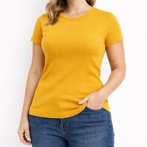 J.Crew Fine Rib Cotton Tee Mustard Yellow Short Sleeve T-Shirt Women's Size L‎